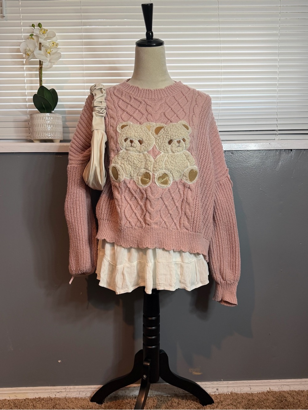 ROMWE Pink Teddy Bear Cable Knit Sweater Size S Coquette Kawaii